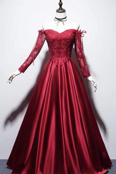 Burgundy ,off Shoulder Prom Dress ,long Sleeve Evening Dress,custom Made