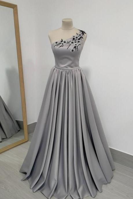 Chic,Gray satin prom dress one shoulder evening dress with applique,Custom Made