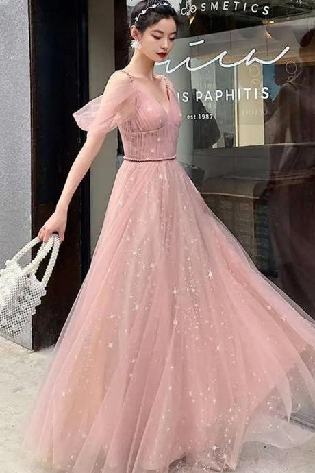 Shiny,spaghetti Strap Prom Dress, Blush Pink Tulle Long Party Dress,custom Made