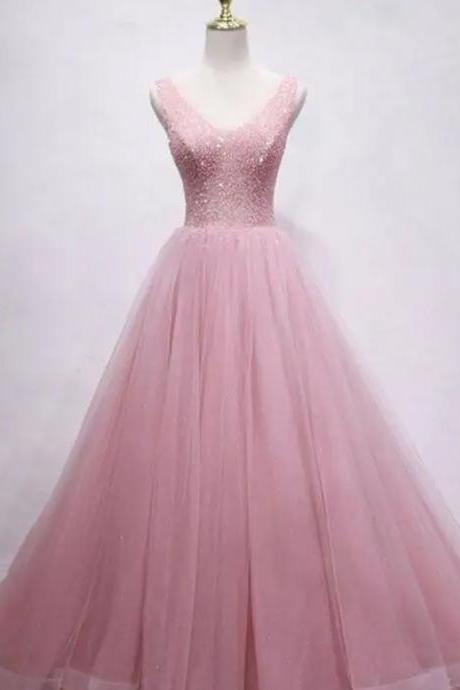 Pink V-neck Prom Dress, A-line Tulle Party Formal Gown With Bead,custom Made