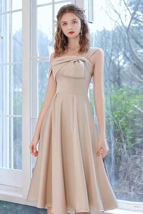 Champagne evening dress, light luxury one shoulder midi dress,Custom Made