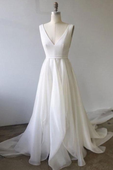 Simple White V Neck Tulle Long Prom Dress, White Evening Dress,custom Made