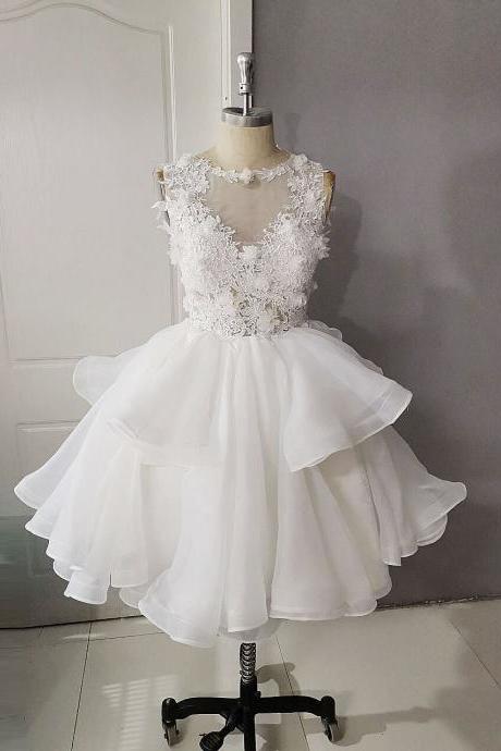 White Round Neck Tulle Lace Short Prom Dress, White Lace Homecoming Dress,custom Made