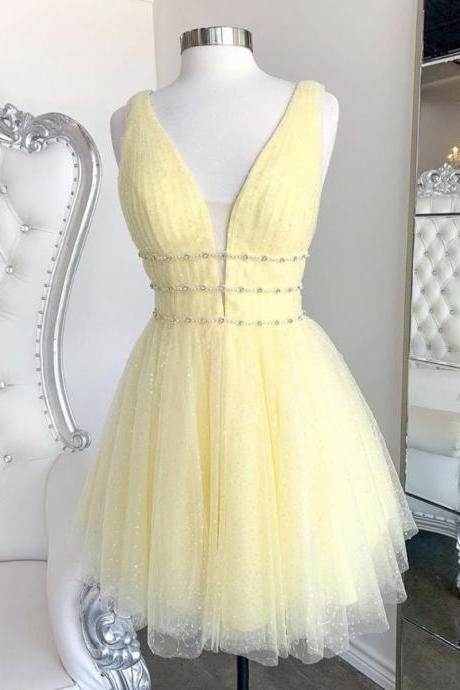 Cute Yellow V Neck Tulle Beads Short Prom Dress, Yellow Homecoming Dress,custom Made