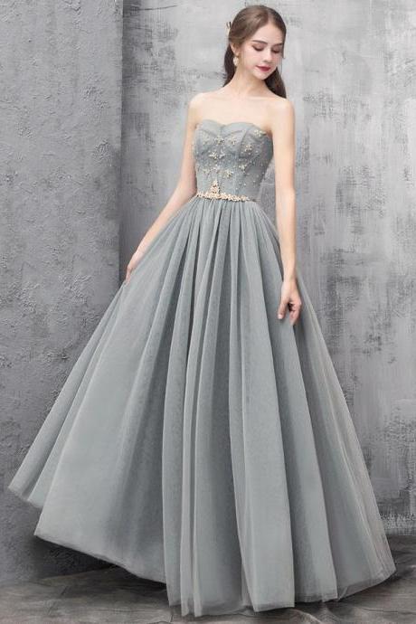 Gray A-line Tulle Long Prom Dress,spaghetti Strap Evening Dress,custom Made