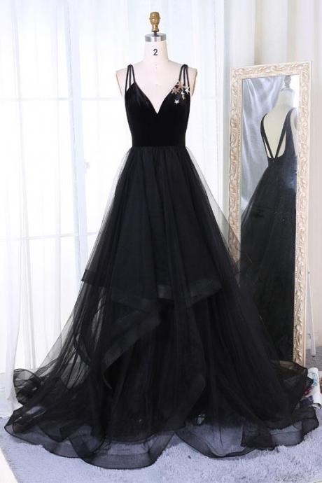 Spaghetti Strap Prom Dress,black Evening Dress,sexy Party Dress,custom Made
