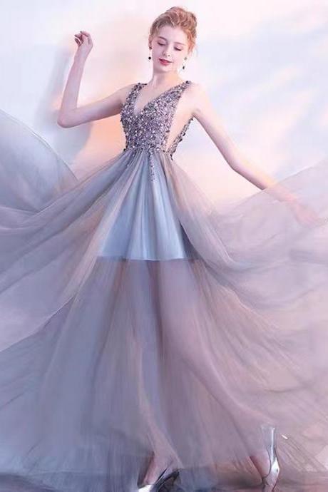 Sexy, Gray Elegant Prom Dress, Beaded Dress, Romantic Party Dress, Sequined Evening Dress,custom Made
