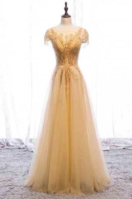 Long Fairy Elegant Dress, Golden Beaded Evening Dress,custom Made