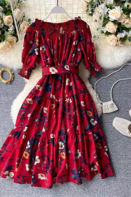 Flower dress, off-the-shoulder printed dress, flouncy midi dress