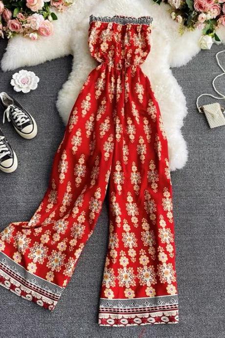 Holiday printed strapless jumpsuit, sexy backless chiffon jumpsuit, fashionable temperament loose wide leg jumpsuit