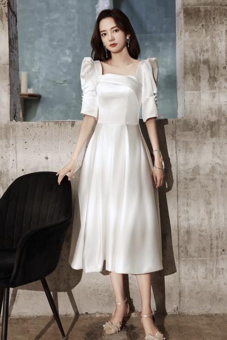 Little white evening dress, short sleeve satin dress,Custom Made