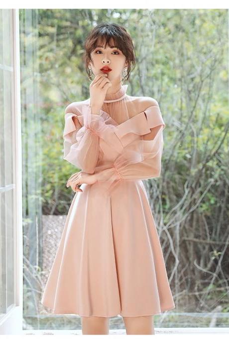 Pink Evening Dress, High Neck Long Sleeve Homecoming Dress,custom Made