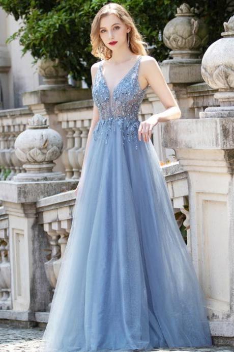 Blue Tulle Party Dress, Deep V-neck Sequins Sleeveless Prom Dress,custom Made