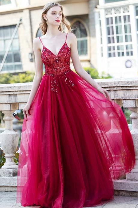 A-line Burgundy Tulle Evening Dress, Spaghetti Straps Backless Beading Prom Dress,custom Made