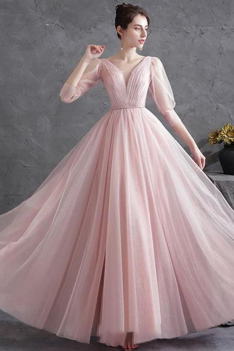 Blushing Pink Ruffle Evening Dresses Prom Dresses,v-neck Party Dresses,custom Made