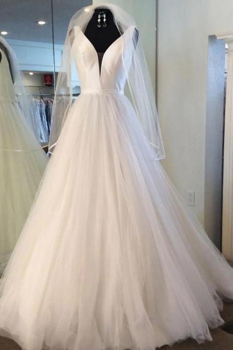 White Tulle And Satin Bridal Dress, V Neck Long Wedding Dress,custom Made