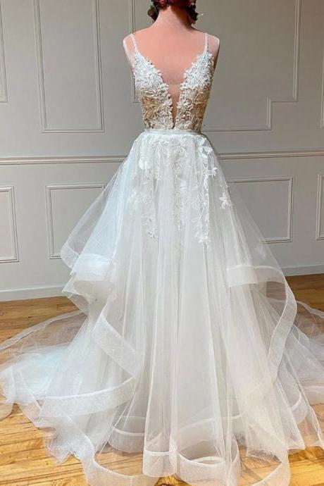 White Lace Tulle Wedding Dress, V Neck Long Prom Dress Backless Lace Wedding Dress,custom Made