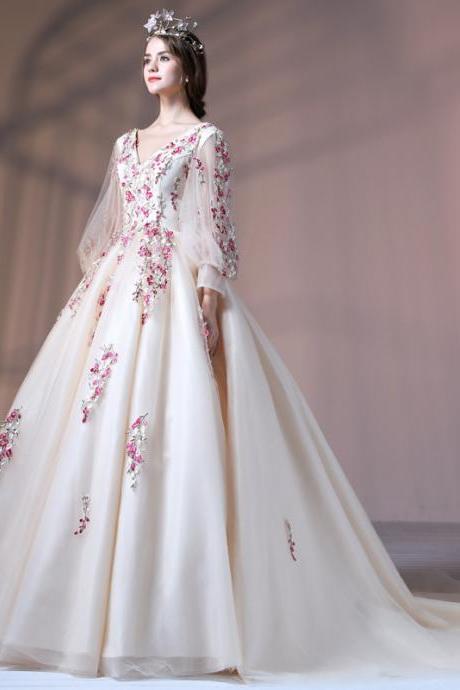 New, lace flower bridal dress wedding dress, long sleeve prom dress,Custom Made