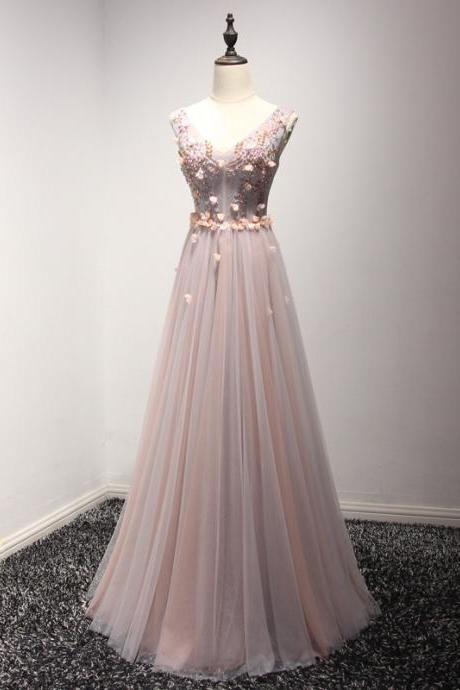 V-neck Prom Dress, Pink Evening Dress , Long Bridesmaid Dress With Applique,custom Made