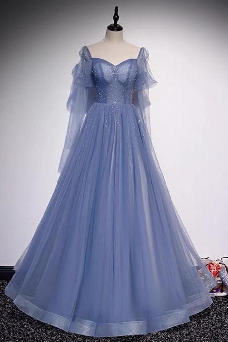 High Quality Evening Dress, Temperament Long Sleeve Fairy Dress, Long Blue Prom Dress,custom Made