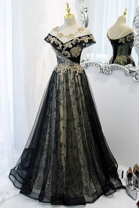Black Evening Dress, High - Quality Applique Tulle Dress,custom Made