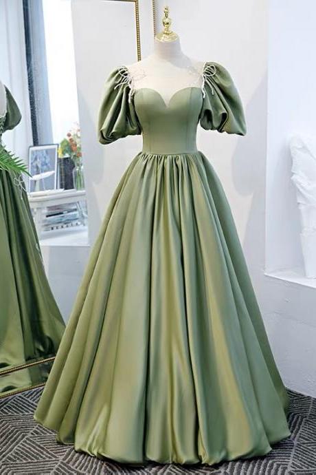 Puffed Sleeve Evening Dress, Green Princess Dress, Satin Prom Gown,custom Made