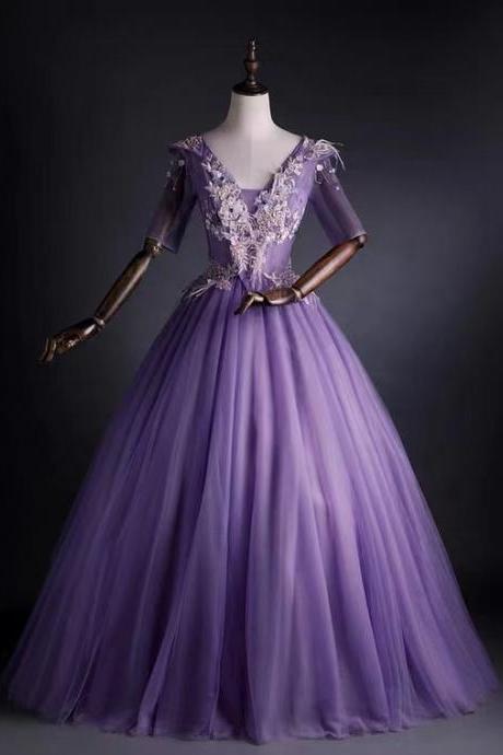 Purple Evening Dress, V-neck Prom Dress,custom Made