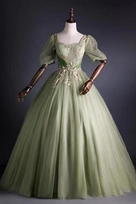 Green Prom Dress, Puffed Sleeve Evening Dress,custom Made