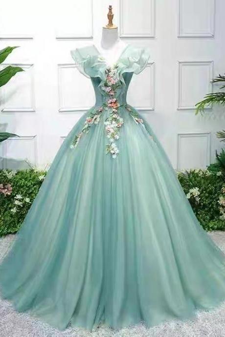 Green Prom Dress, Elegant Flying Sleeve Evening Dress,v-neck Party Dress,custom Made