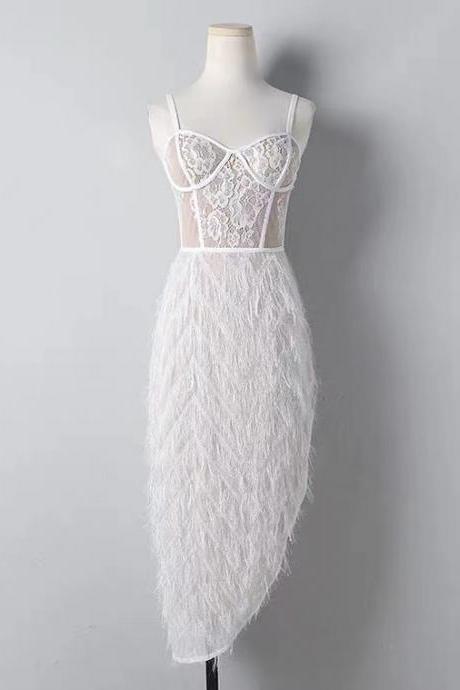White Spaghetti Strap Feather Dress, Summer, Temperament, Goddess Homecoming Dress,custom Made