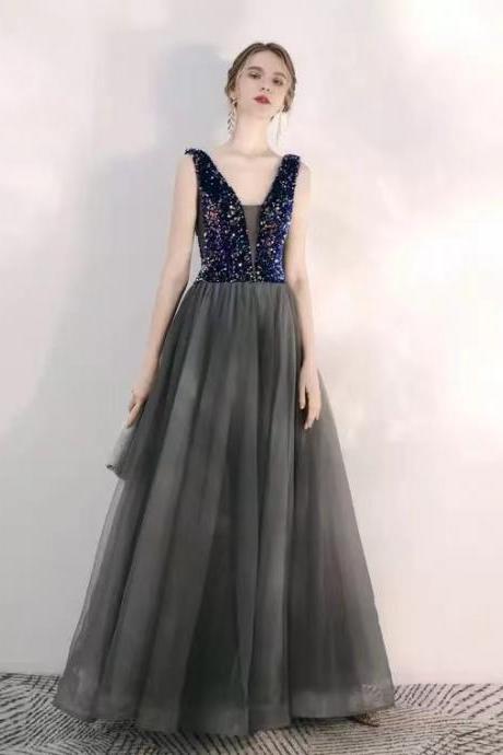 Little Gray Prom Dress, V-neck Birthday Party Dress, Socialite Beaded Dress ,custom Made