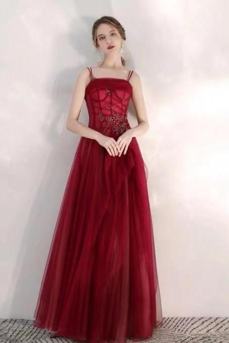 Spaghetti Strap Prom Dress, Burgundy Party Dress,custom Made