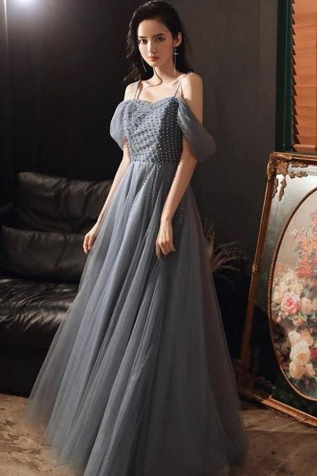 Off shoulder evening dress, temperament gray party dress, light luxury long prom dress,Custom Made
