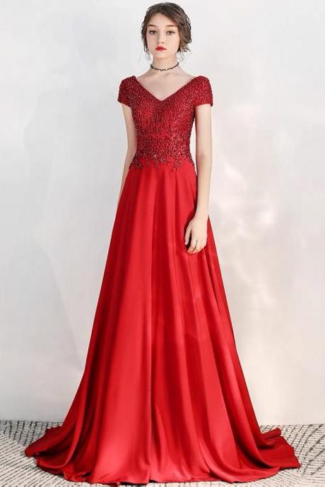 Burgundy Dress, V-neck Evening Dress, Elegant Party Dress,custom Made
