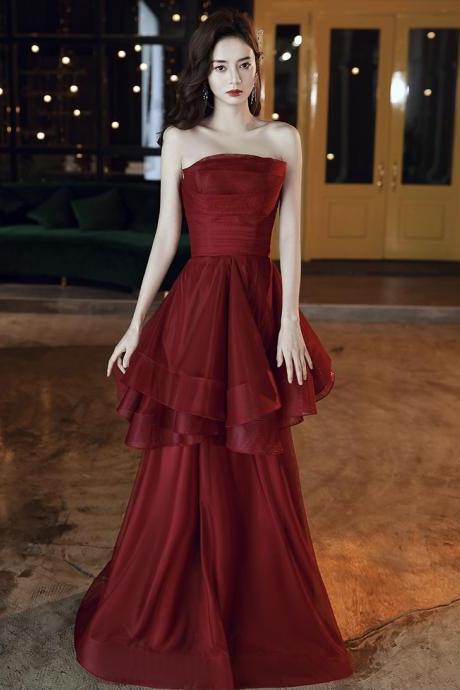 Burgundy Evening Dress, Atmosphere Long Temperament Prom Dress, Sexy Strapless Party Dress,custom Made