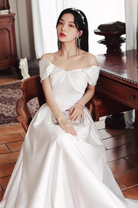 White evening dress, off shoulder prom dress, light luxury satin party dress,Custom Made