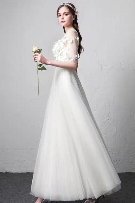 Medium Sleeve Wedding Gown,, Simple, White Long Sleeve Bridal Gown,custom Made