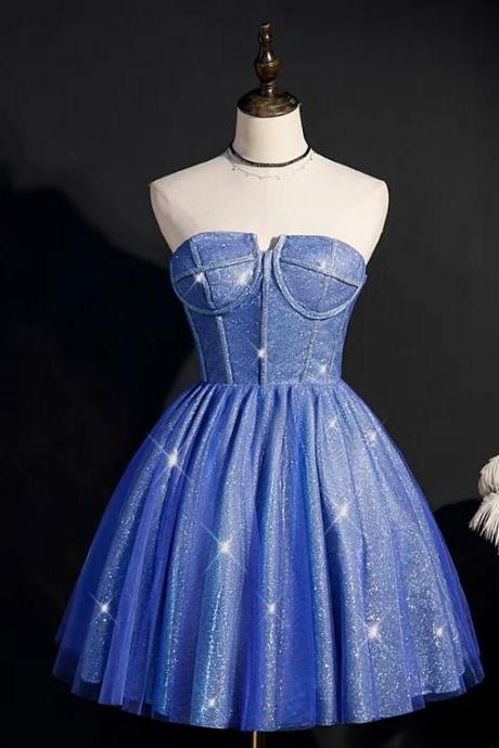 Starry Blue Strapless Prom Dresses, Little Short Homecoming Dresses, Shiny Party Dresses,custom Made