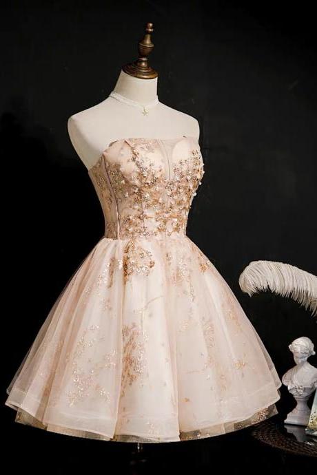 Champagne Strapless Evening Dress , Sequins, Socialite Homecoming Dress, Princess Short Dress,custom Made