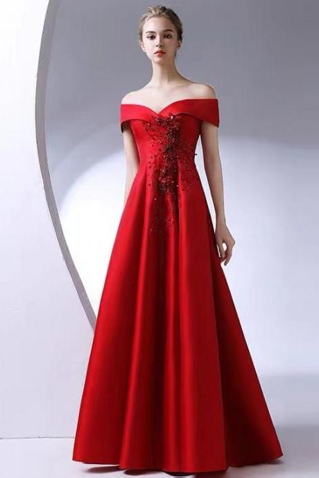 Noble, elegant, atmospheric, red satin off shoulder evening dress,Custom Made