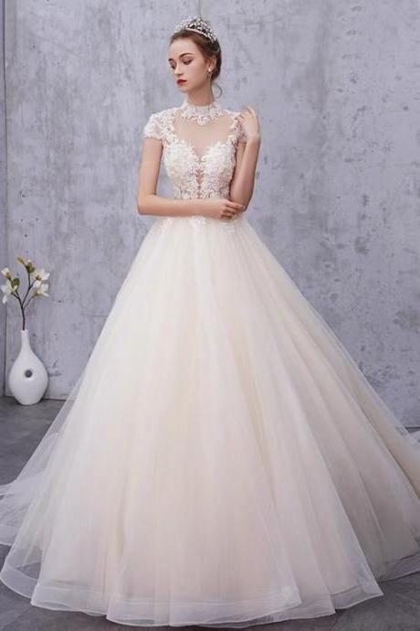 High-neck Evening Dress,noble Long Sleeve Wedding Dress, Long Lace Bridal Dress,custom Made