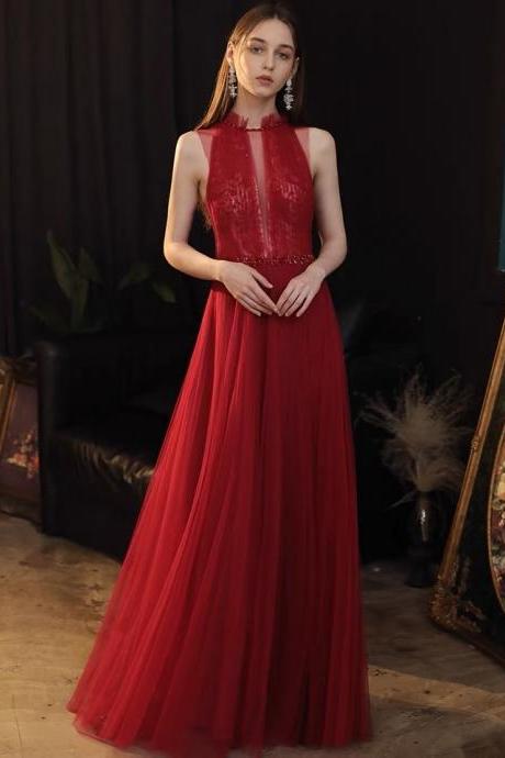 Halter neck bridal gown, new, red prom dress, atmosphere party dress,Custom Made