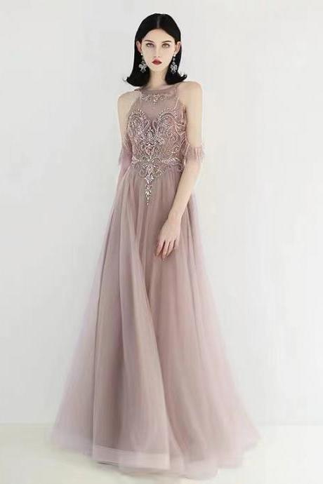 Paste Pink Heavy Beaded Prom Dress, Spaghetti Strap Evening Dress,custom Made