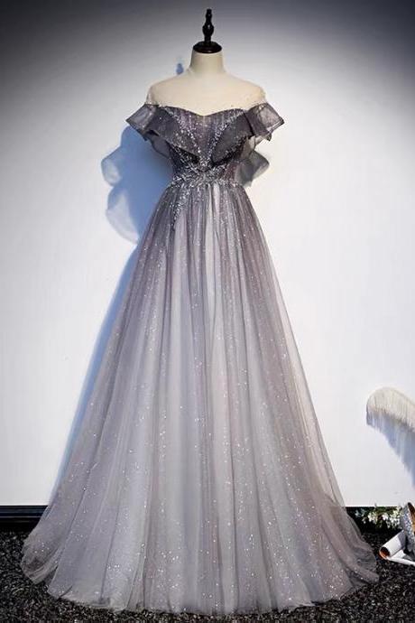 Grey/blue/purple Starry Prom Dress, Hepburn Style ,off Shoulder Beaded Evening Dress,custom Made