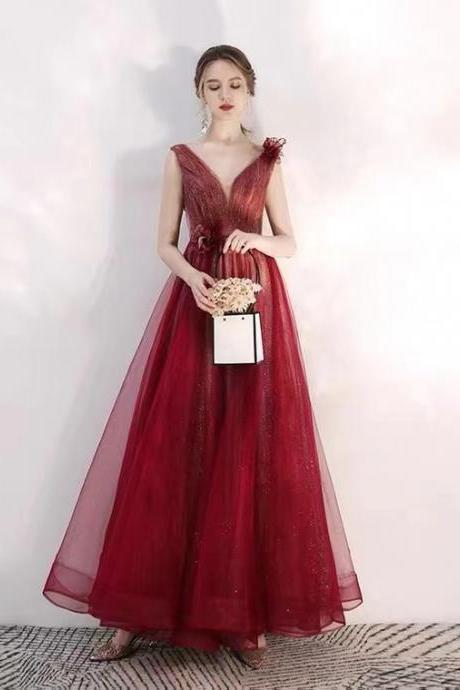 Burgundy Prom Dress, Dream Party Dress,deep V-neck Evening Dress,custom Made