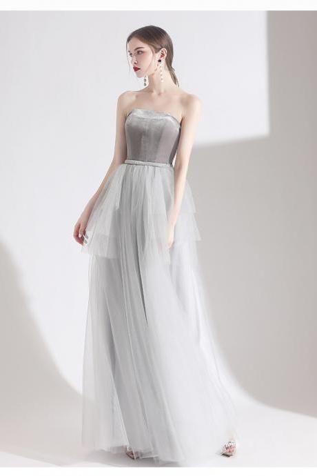 Silver grey prom dress, strapless bridesmaid dress,Custom Made