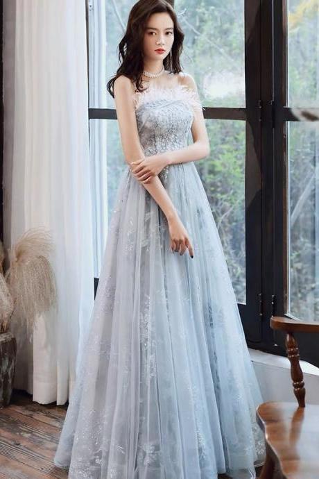 Light blue star prom gown, strapless evening dress,Custom Made
