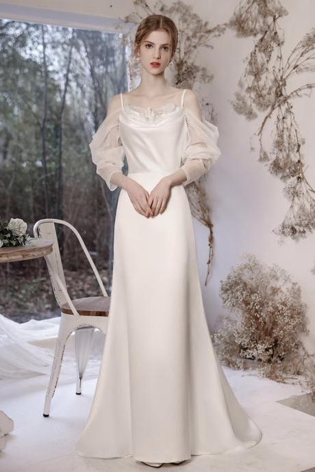 Satin prom dress,white party dress, Hepburn style, simple, off shoulder evening dress,Custom Made