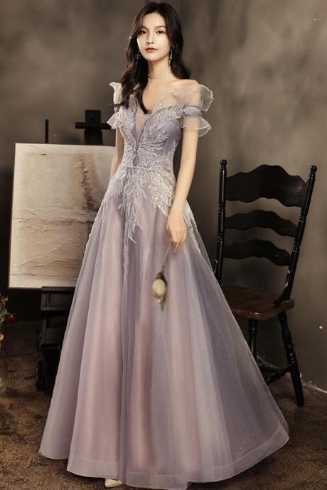 Purple Starry Prom Gown, Off Shoulder Dream Evening Dress,custom Made