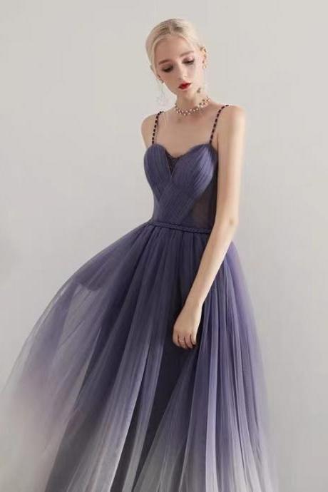 Gradient purple beaded dress, starry prom dress,spaghetti strap evening dress,Custom Made